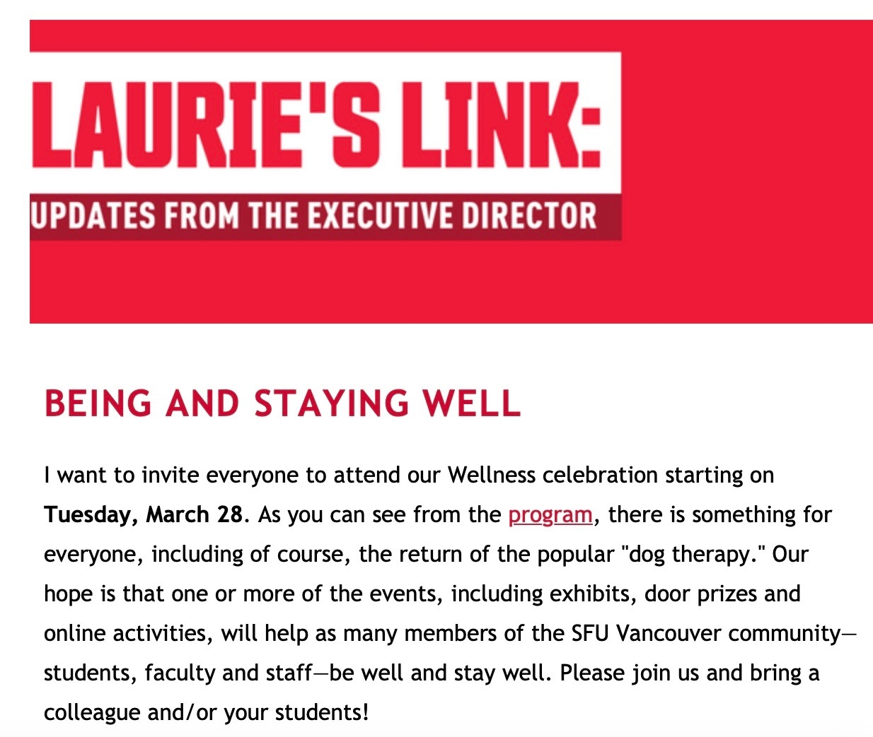 Example screenshot of the Laurie's Link section from a past SFU Vancouver Staff and Faculty Newsletter 