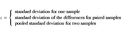 s = \{
{standard deviation for one-sample} \{standard deviation of the differences for paired samples} \{pooled standard deviation for two samples}.