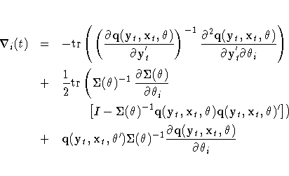 \hspace*{-0.65em} {\nabla}_{i}(t) &=&
-{\rm tr}( (
\frac{{\partial}q(y_{t}\hs...
..._{t}\hspace*{1pt},
x_{t}\hspace*{1pt}, {{\theta}})}
{{\partial} {\theta}_{i}}
