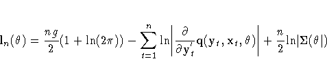 l_{n}({{\theta}})
=
\frac{ng}2 (1 + {\ln}(2{\pi})) -
\sum_{t=1}^n{{\ln}\biggl...
..._{t}\hspace*{1pt}, {{\theta}})
\biggr|} +
\frac{n}2 {\ln} |{\Sigma}({\theta}|)