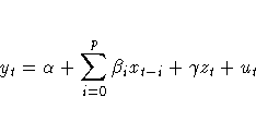 y_{t}= {\alpha} + \sum_{i=0}^p{{\beta}_{i} x_{t-i}}
+ {\gamma}z_{t} + u_{t}