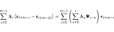 \sum_{i=0}^{m-1}{{\Lambda}_{i}
(z_{t+m-i} - z_{t+m-i| t})}
= \sum_{i=0}^{m-1} (\sum_{u=0}^i{{\Lambda}_{u} {\Psi}_{i-u}}) e_{t+m-i}