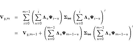 V_{y,m} &=& \sum_{i=0}^{m-1}{(\sum_{u=0}^i{{\Lambda}_{u} {\Psi}_{i-u}})
{\Sigma...
...Psi}_{m-1-u}})
{\Sigma}_{ee} (\sum_{u=0}^{m-1}{{\Lambda}_{u} {\Psi}_{m-1-u}})'