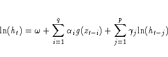 {\ln}( h_{t}) = {\omega} + \sum_{i=1}^q{{\alpha}_{i}g( z_{t-i})} +
\sum_{j=1}^p{{\gamma}_{j}{\ln}( h_{t-j})}