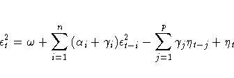 {\epsilon}^2_{t} = {\omega} + \sum_{i=1}^n{( {\alpha}_{i}+ {\gamma}_{i}) {\epsilon}^2_{t-i}} - \sum_{j=1}^p{{\gamma}_{j}
{\eta}_{t-j}} + {\eta}_{t}