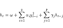 h_{t} = {\omega} + \sum_{i=1}^q{{\alpha}_{i}
y_{t-i}^2} + \sum_{j=1}^p{{\gamma}_{j}
h_{t-j}}