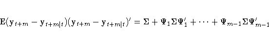 {\rm E}(y_{t+m}-y_{t+m| t})(y_{t+m}-y_{t+m| t})^' =
\Sigma + \Psi_1 \Sigma \Psi^'_1 + ... +
\Psi_{m-1} \Sigma \Psi^'_{m-1}