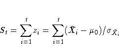 S_{t}={\sum_{i=1}^t} z_{i} = {\sum_{i=1}^t}
(\bar{X}_{i}-\mu_{0})/
\sigma_{\bar{X}_{i}}