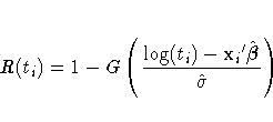 R(t_{i}) = 1 - G(\frac{\log(t_{i})-{x_{i}}'\hat{{\beta}}}{\hat{\sigma}})