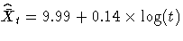 \(
{\hat{\bar{X}}}_t = 9.99 + 0.14x\log(t)
\)