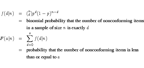 f(d| n) &= & (\stackrel{n}{_d})p^d(1-p)^{n-d} \ &= & {binomial probability that ...
...lity that the number of nonconforming
items is less} \ & & {than or equal to a}