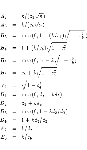 A_2 & = & k/(d_2 \sqrt{n}) \A_3 & = & k/(c_4 \sqrt{n}) \B_3 & = & \max(0,1-(k/c_...
...& = & \max(0,1-kd_3/d_2) \D_4 & = & 1+kd_3/d_2 \E_2 & = & k/d_2 \E_3 & = & k/c_4