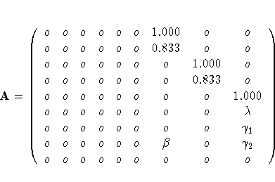 A= ( o & o & o & o & o & o & 1.000 & o & o \ o & o & o & o & o & o & 0.833 & o &...
...o & o & o & o & o & \beta & o & \gamma_2 \ o & o & o & o & o & o & o & o & o
)