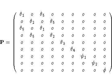 P= (\theta_1 & o & \theta_5 & o & o & o & o & o & o \ o & \theta_2 & o & \theta_...
... & o & o & o & o & o & o & \psi_2 & o \ o & o & o & o & o & o & o & o & \phi
)