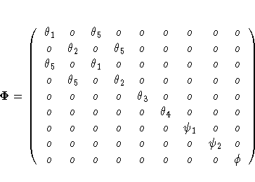 {{\Phi}}= (\theta_1 & o & \theta_5 & o & o & o & o & o & o \ o & \theta_2 & o & ...
...o & o & o & o & o & o & o & \psi_2 & o \ o & o & o & o & o & o & o & o & \phi
)