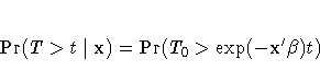\Pr(T \gt t | x) =
\Pr(T_0 \gt \exp(-x^'{\beta})t)