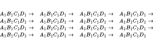 A_1 B_1 C_1 D_1 arrow &
A_1 B_2 C_1 D_1 arrow &
A_2 B_1 C_1 D_1 arrow &
A_2 B...
...1 B_2 C_2 D_2 arrow &
A_2 B_1 C_2 D_2 arrow &
A_2 B_2 C_2 D_2 \hspace*{.2in}