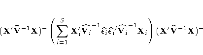 (X'\hat{V}^{-1}X)^-
(\sum_{i=1}^S X_i'\hat{V_i}^{-1} \hat{{\epsilon}_i}
\hat{{\epsilon}_i}' \hat{V_i}^{-1}X_i )
(X'\hat{V}^{-1}X)^-