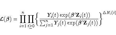 {\cal L}({\beta}) =
 \prod_{i=1}^n \prod_{t \geq 0}
 \biggl\{ \frac{Y_{i}(t)\exp...
 ...}(t))}
 {\sum_{j=1}^nY_{j}(t)\exp({\beta}'Z_{j}(t))}
 \biggr\}^{\Delta N_{i}(t)}