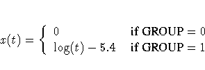 x(t) = \{ 0 & { if GROUP =0} \ {\rm log}(t)-5.4 & { if GROUP =1}
.
