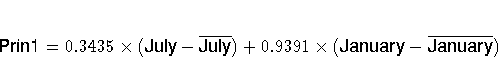 {{\hv Prin1}} = 0.3435 x ({{\hv July}}
-\overline{{{\hv July}}})
+ 0.9391 x ({{\hv January}}
-\overline{{{\hv January}}})