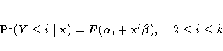 \Pr(Y \le i|{x})= F(\alpha_i + x^'{\beta}) , 2 \le i \le k