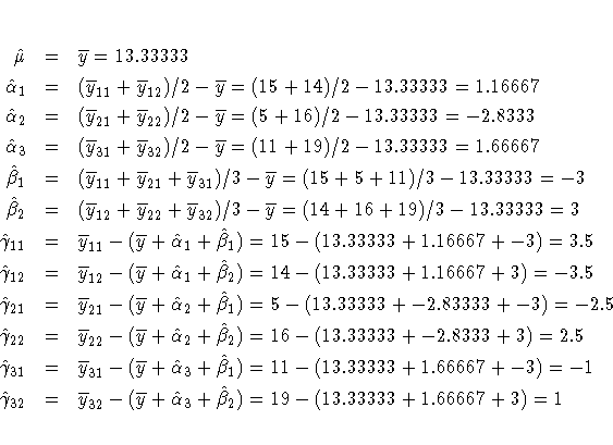 \hat{\mu} & = & \overline{y} = 13.33333 \\hat{\alpha}_{1} & = & (\overline{y}_{1...
...ine{y} + \hat{\alpha}_{3} + \hat{\beta}_{2}) =
19 - (13.33333 + 1.66667 + 3) = 1