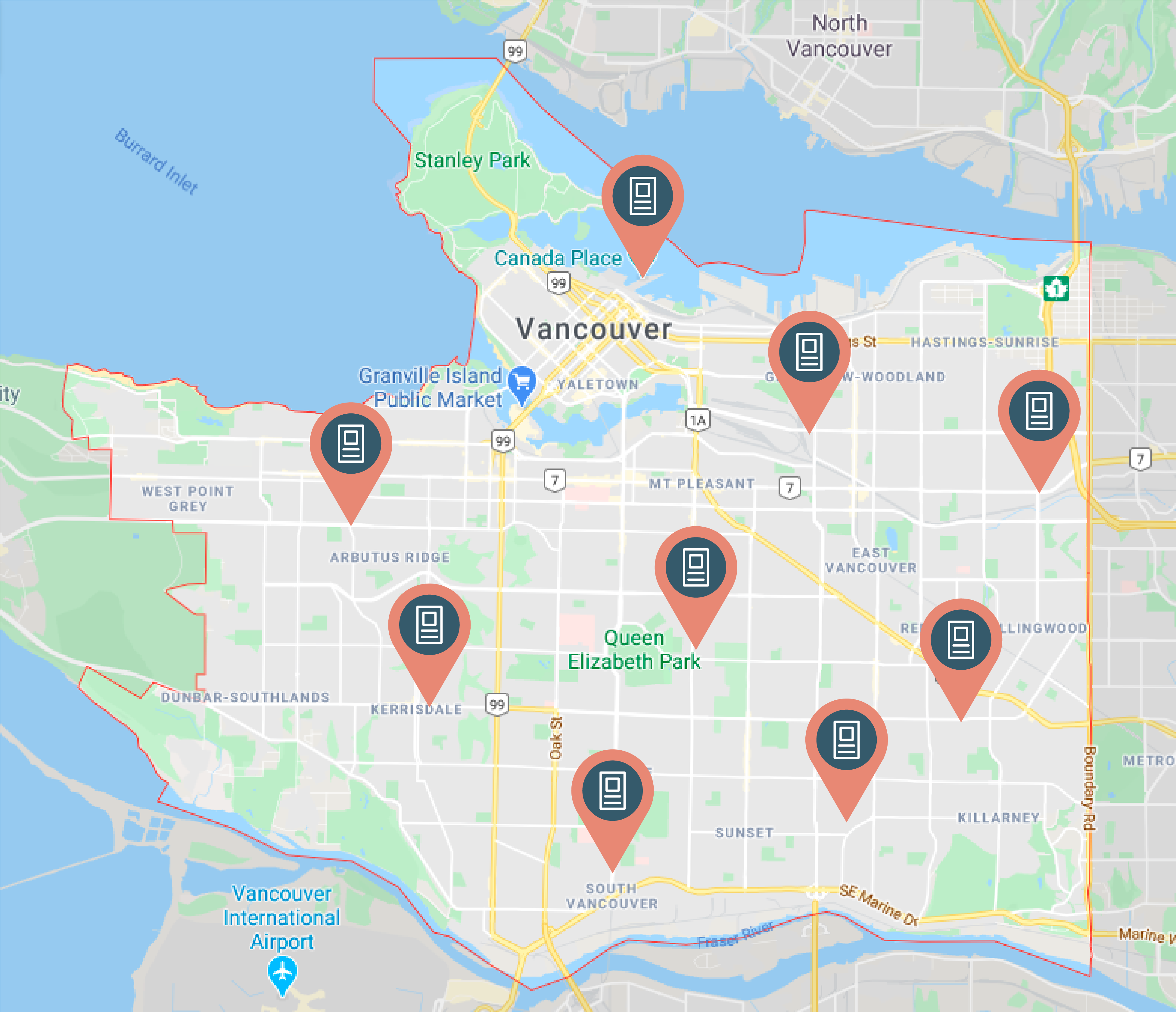 Map of vancouver with locations of devices
