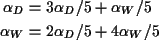\begin{align*}\alpha_D &= 3\alpha_D/5 + \alpha_W/5
\\
\alpha_W &= 2\alpha_D/5 + 4\alpha_W/5
\end{align*}
