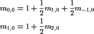 \begin{align*}m_{0,0} & = 1 + \frac{1}{2}m_{1,0}+\frac{1}{2} m_{-1,0}
\\
m_{1,0} & = 1 + \frac{1}{2} m_{2,0}
\end{align*}