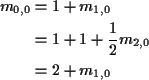 \begin{align*}m_{0,0} & = 1 + m_{1,0}
\\
& = 1+ 1 + \frac{1}{2} m_{2,0}
\\
& = 2 + m_{1,0}
\end{align*}