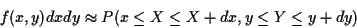 \begin{displaymath}f(x,y) dx dy \approx P(x \le X \le X+dx, y \le Y \le y+dy)
\end{displaymath}