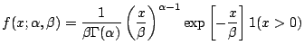 $\displaystyle f(x;\alpha,\beta) =
\frac{1}{\beta\Gamma(\alpha)}\left(\frac{x}{\beta}\right)^{\alpha-1}
\exp\left[-\frac{x}{\beta}\right] 1(x>0)
$