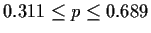 $0.311 \le p \le 0.689$