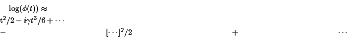 \begin{multline*}
\log(\phi(t)) \approx
\\ [-t^2/2 -i\gamma t^3/6 +\cdots]
\\
-[\cdots]^2/2 +\cdots
\end{multline*}
