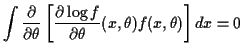 $\displaystyle \int \frac{\partial}{\partial\theta} \left[
\frac{\partial\log f}{\partial\theta}(x,\theta) f(x,\theta)
\right] dx =0
$