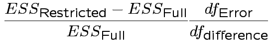 $\displaystyle \frac{ESS_\text{Restricted}-ESS_\text{Full}}{ESS_\text{Full}}\frac{df_\text{Error}}{df_\text{difference}}
$