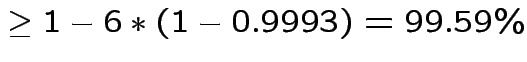$\displaystyle \ge 1-6*(1-0.9993) = 99.59\%
$
