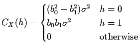 $\displaystyle C_X(h) = \begin{cases}
(b_0^2+b_1^2) \sigma^2 & h=0
\\
b_0 b_1 \sigma^2 & h=1
\\
0 & \text{otherwise}
\end{cases}$