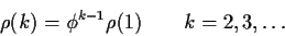 \begin{displaymath}\rho(k) = \phi^{k-1}\rho(1)\qquad k=2,3,\ldots\end{displaymath}