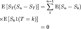 \begin{align*}{\rm E}\left[S_T(S_n-S_T)\right] & = \sum_1^{n-1} {\rm E}(S_n-S_k)
\\
\qquad \times{\rm E}\left[S_k1(T=k)\right]
\\
& = 0
\end{align*}
