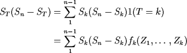 \begin{align*}S_T(S_n-S_T) & = \sum_1^{n-1} S_k(S_n-S_k)1(T=k)
\\
& = \sum_1^{n-1} S_k(S_n-S_k)f_k(Z_1,\ldots,Z_k)
\end{align*}