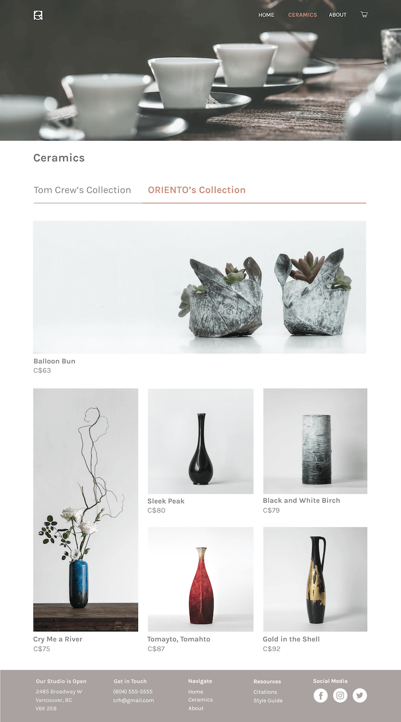 Mockups for desktop products page of CRH Studios; Oriento's ceramics.