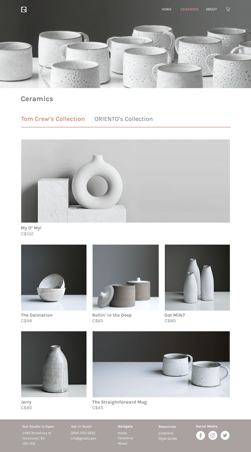 Mockups for desktop products page of CRH Studios; Tom Crews' ceramics.