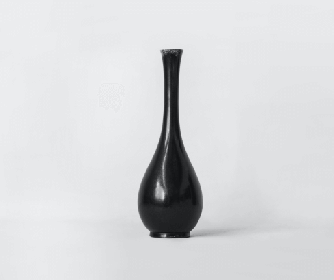 a tall black vase with skinny neck against white background.