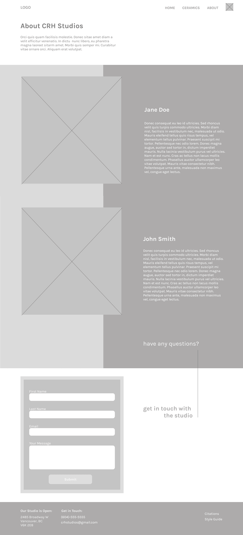 Wireframes for desktop about page of CRH Studios.