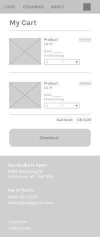 Wireframes for mobile cart page of CRH Studios.