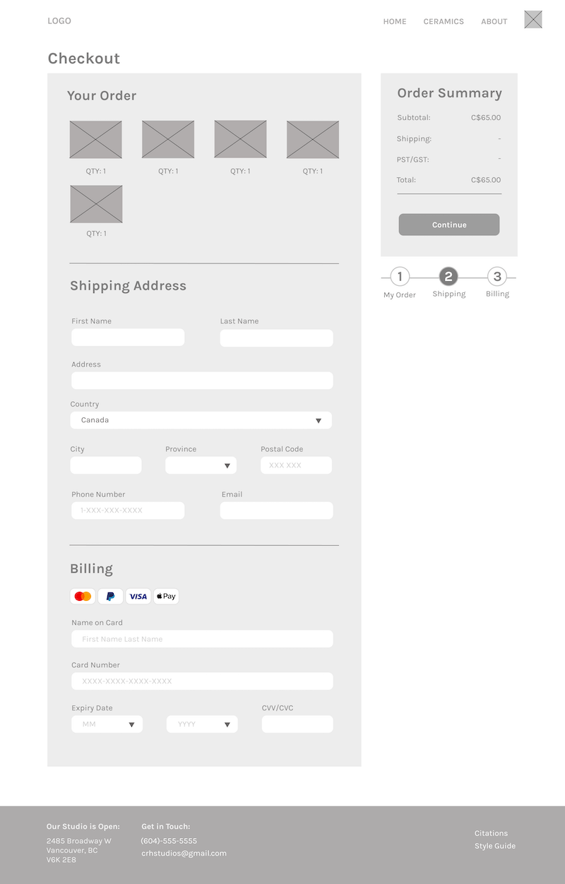 Wireframes for desktop checkout page of CRH Studios.