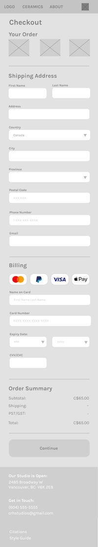 Wireframes for mobile checkout page of CRH Studios.