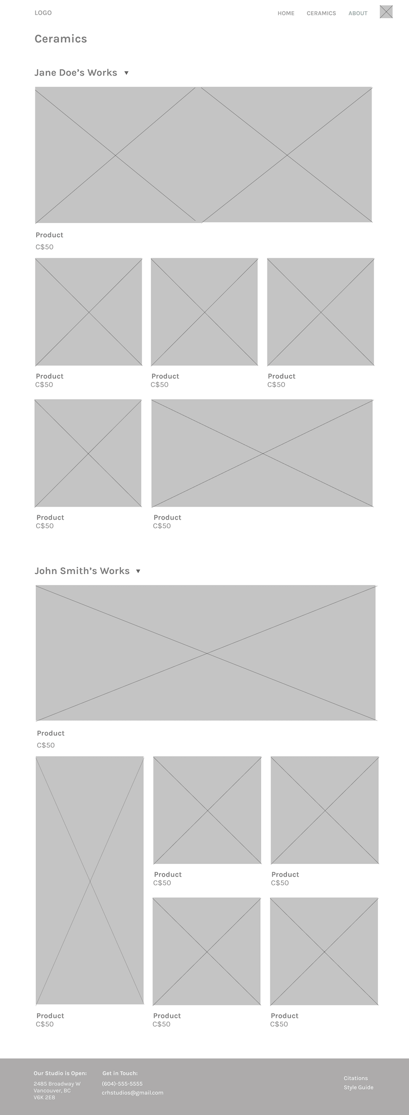 Wireframes for desktop products page of CRH Studios.